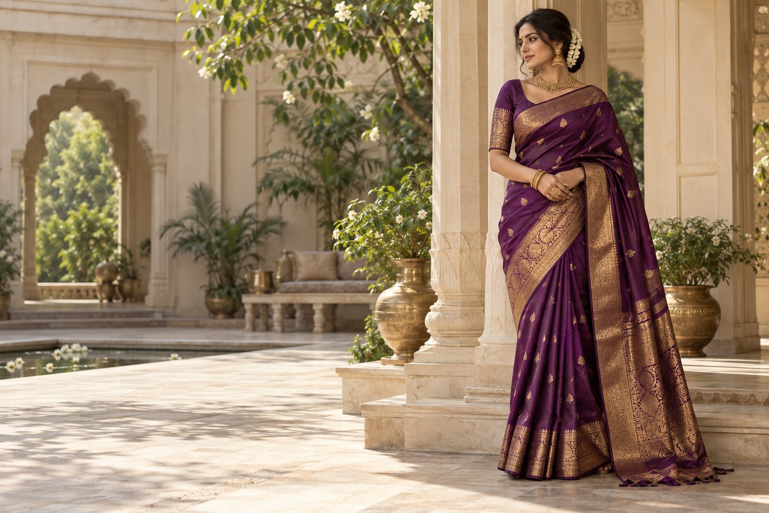 Purple and gold saree in a heritage courtyard — concept imagery